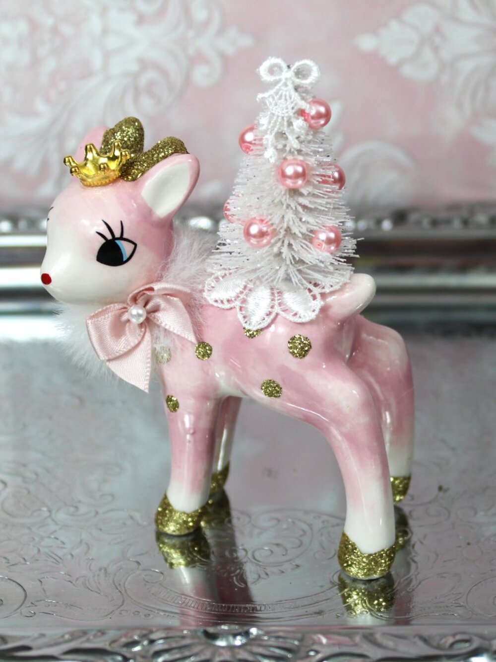 Pink Deer & Bottle Brush Tree Figurine: Pink Vintage Style Christmas Decor